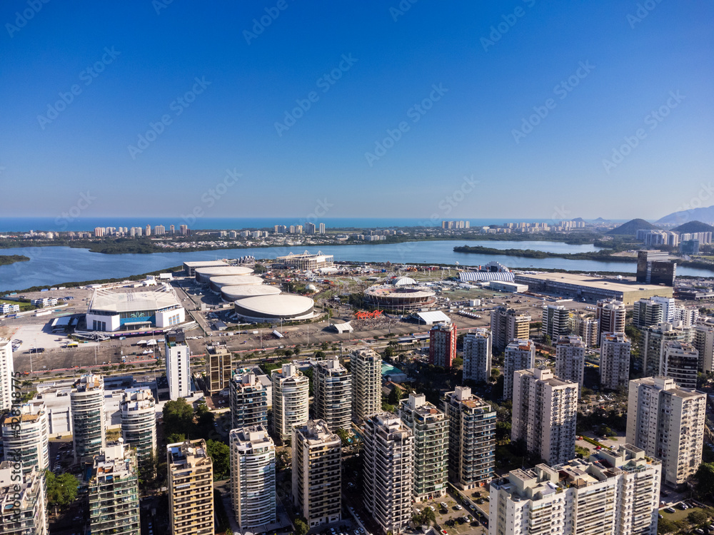 Aerial view of the Rock in Rio 2022 music festival at Barra da Tijuca Olympic Park in Rio de Janeiro. Jacarépaguá Lagoon and surrounding buildings. Rio de janeiro Brazil. September 2022. Drone photo.