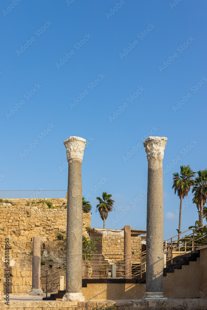 CAESAREA, Israel - August 11 2022, Ruins of ancient bathhouse at Caesarea in Israel CAESAREA, Israel - August 11 2022, Ruins of ancient bathhouse at Caesarea in Israel