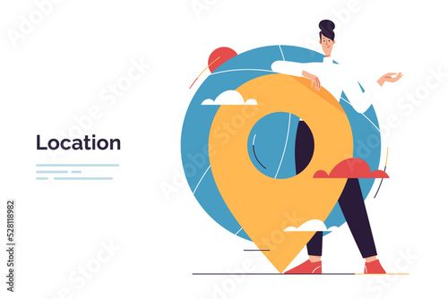 Vector illustration depicting a woman leaning on a location sign
