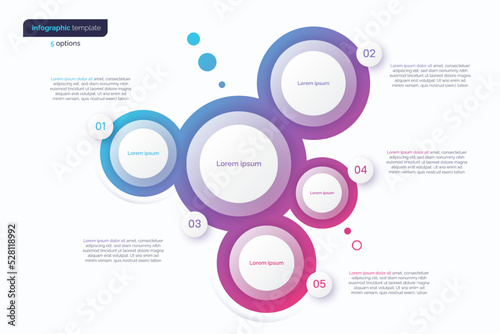 Abstract vector gradient minimalistic infographic template composed of 5 circles