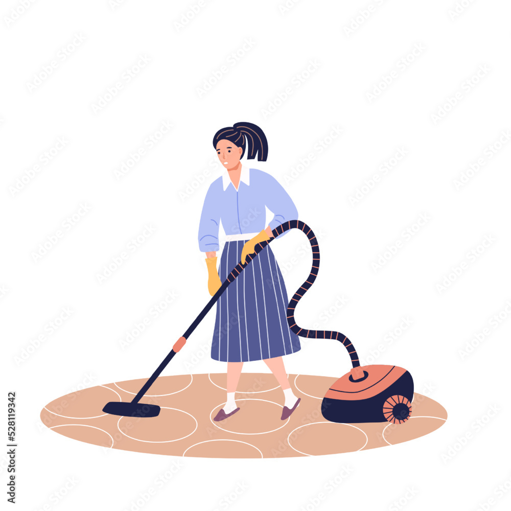 Girl cleaning room. Woman is vacuuming a carpet. Daily routines and everyday activities of young