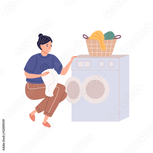 Woman doing laundry putting dirty clothes on washing machine from basket, Flat cartoon vector illustration.