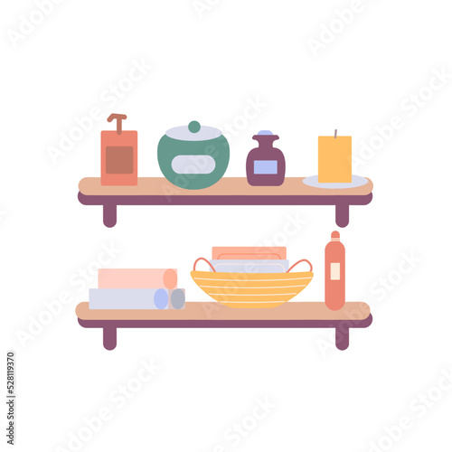 set of kitchen utensils on a shelf. Jars, plate, cactus, slotted spoon, ladle and mittens for hot. Cartoon vector illustration.