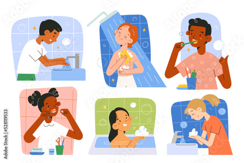 Childrens hygiene routines, small boys, girls wash in bathtub, toddler uses dental floss, kid brushes teeth, preschool children take shower and wash hands with soap, collection of vector illustrations