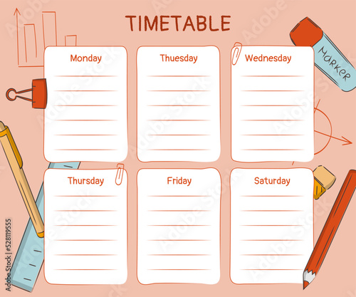 Weekly class timetable template for study or work with subjects for study - stationery. Vector illustration