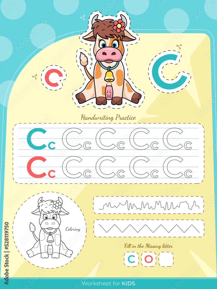 The education worksheet for kids with a cow and letters