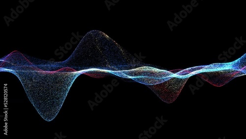 4k 60 fps. Dots wave. Abstract background. Neon light. Particle effects. Isolated on black backdrop. Motion design. Seamless loop. Big data concept. Blue color 