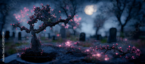 Print op canvas ethereal cherry tree extending out of a grave at night Digital Art Illustration