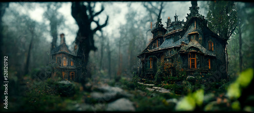 Foto fantasy horror house in the woods cinematic wallpaper Digital Art Illustration P