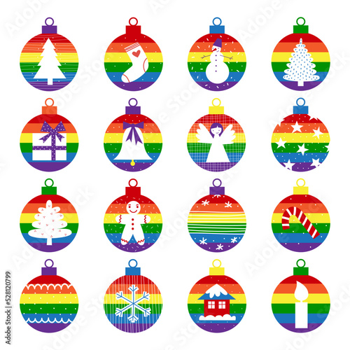 LGBT Christmas tree balls decoration collection with rainbow colors and symbols. Gay Xmas and New Year vector flat illustration set. Minimalistic pride cute holiday elements on baubles.