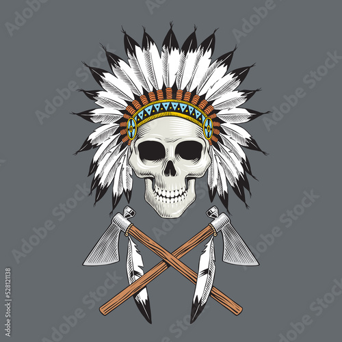 Native american indian skull and crossed tomahawks isolated, vector illustration