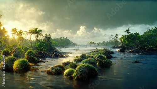 Obraz na płótnie The blue river flows between the banks of the jungle