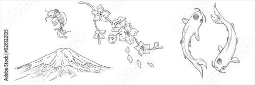 Mountain fuji, cherry blossoms, fishes 