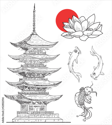 Pagoda, lotus flower, fishes, red moon. Japanese culture sketch hand drawing vectors