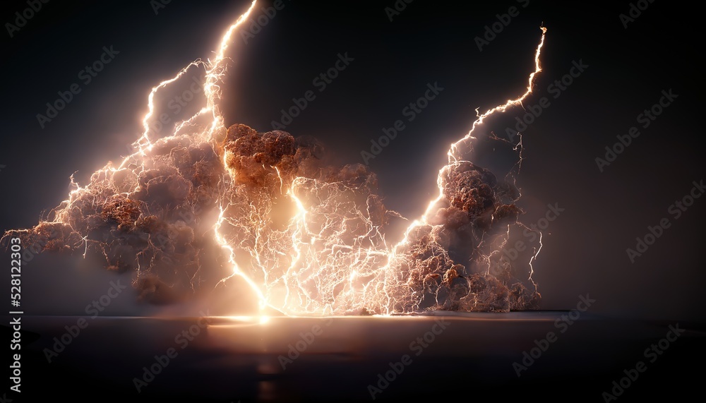 Two powerful lightning bolts passed through the cloud and struck the ground. 3D rendering - obrazy, fototapety, plakaty 