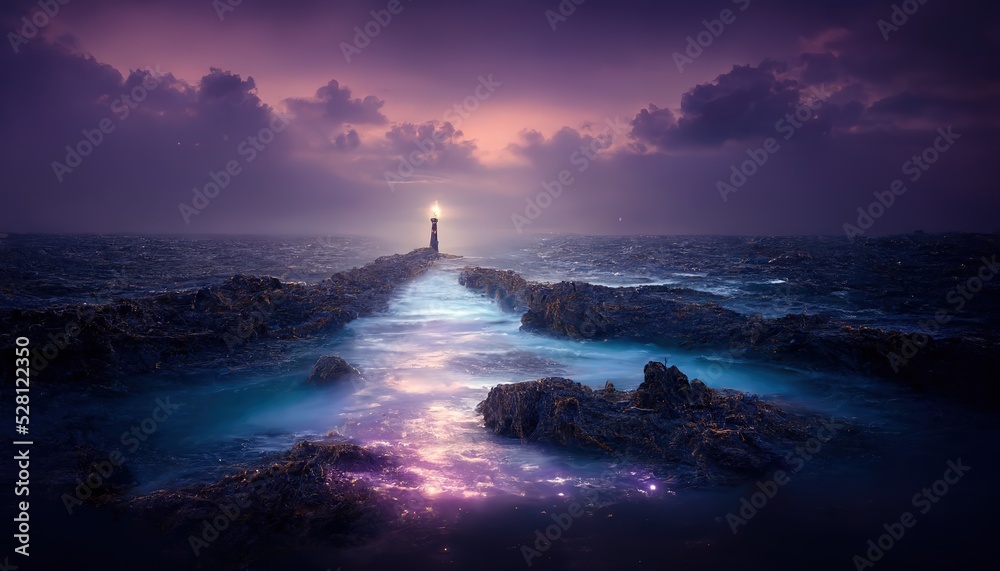 At the end of the stone ridge stands a lonely lighthouse. 3D rendering - obrazy, fototapety, plakaty 