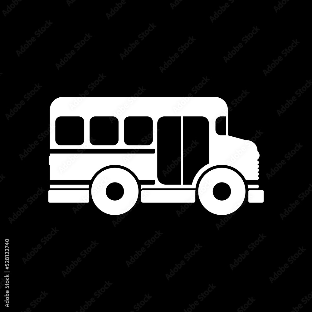 White school bus icon on black background.