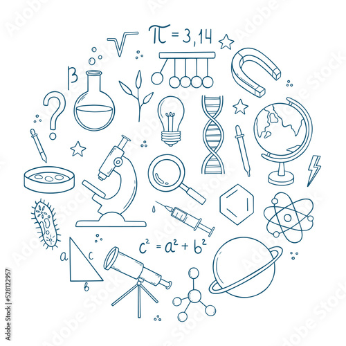 Set of Education and Science doodle. Formulas in mathematics and chemistry, laboratory equipment in sketch style. Hand drawn vector illustration.