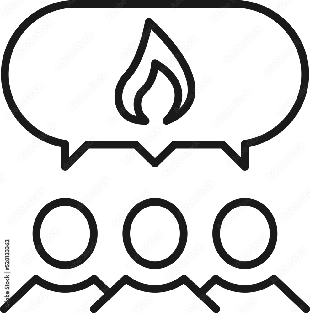 People, staff, speech bubble concept. Vector line icon for web sites, stores, online courses etc. Sign of fire or flame inside of speech bubble over group of people People, staff, speech bubble concept. Vector line icon for web sites, stores, online courses etc. Sign of fire or flame inside of speech bubble over group of people