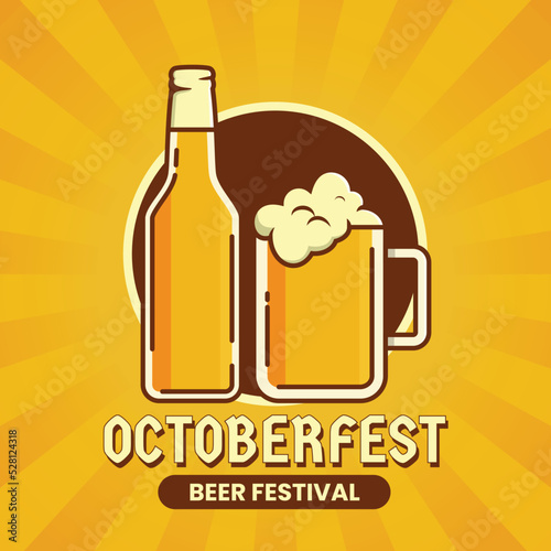 Oktoberfest banner or poster with beer mug and bottle. German festival.October fest square background for flyer, advertising card, social media post. Vector illustration.