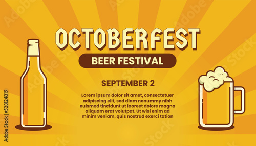 Oktoberfest banner or poster with beer mug and bottle. German festival.October fest square background for flyer, advertising card, social media post. Vector illustration.