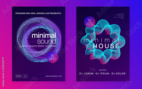 Neon edm flyer. Electro trance music. Techno dj party. Electronic sound event. Club dance poster.