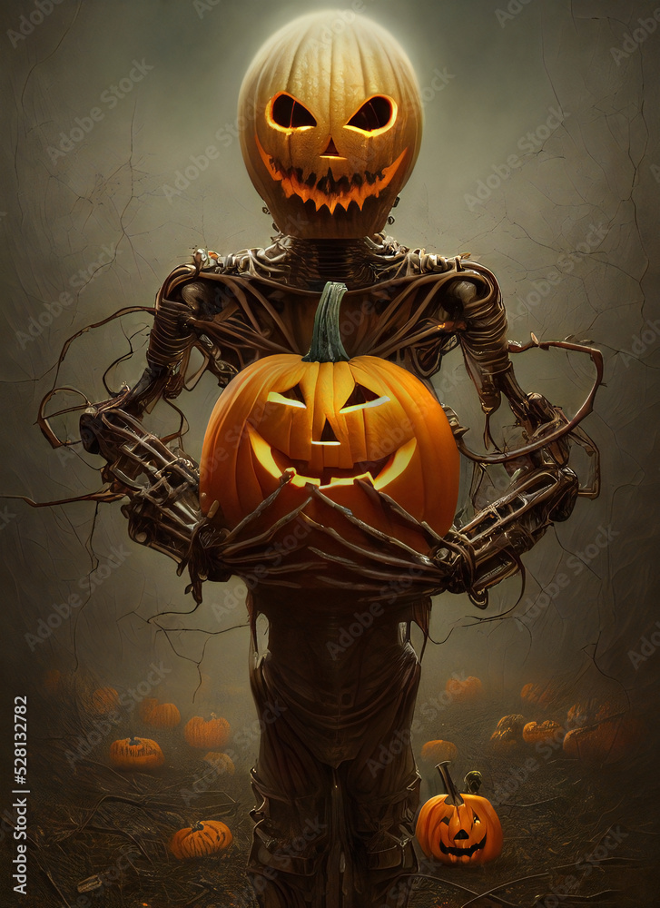 Pumpkinhead monster holding carved pumpkin. Spooky Halloween AI generated illustration Stock ...