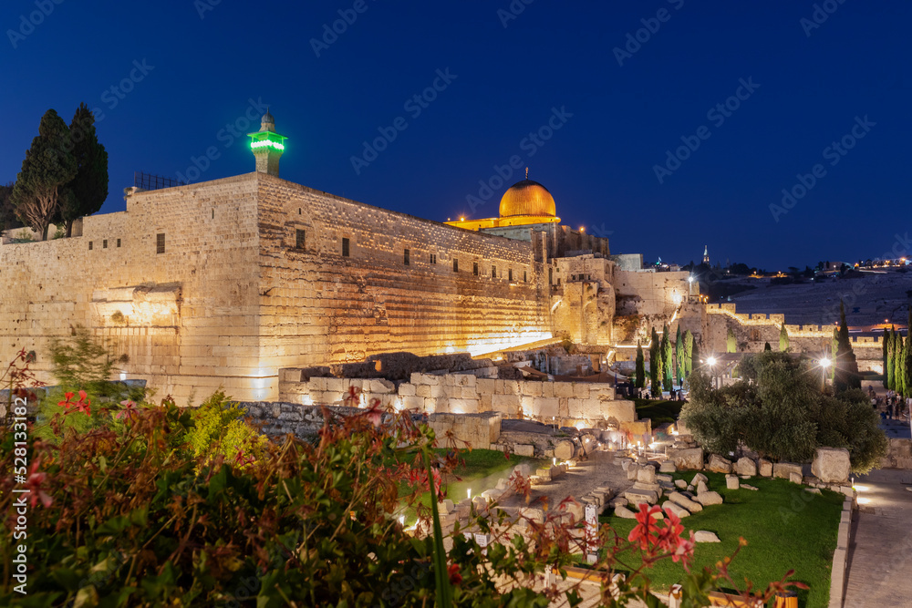 Jerusalem Old City at NIght - View from Dung Gate towards Temple Mount and Al Aqsa