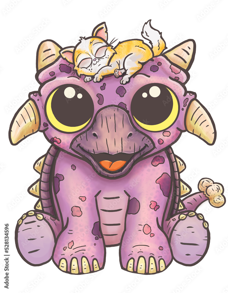 Obraz premium baby dinosaur with a sleeping cat on his head