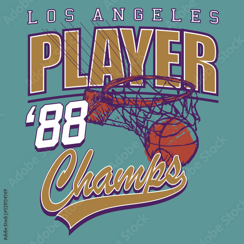 T-shirt print design. Basketball team. A ball entering the basket. Free throw