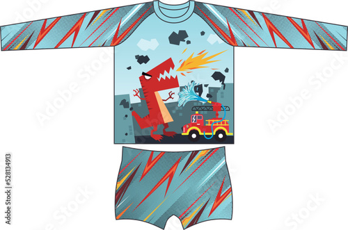 Design for a print of beachwear or pool wear. Infant boy. Dragon illustration spitting fire setting the city on fire and little fireman putting out the fire with the water jet from his car.
