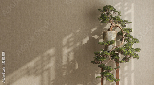 Foto Beautiful shape and form traditional japanese bonsai miniature tree in a pot on the stand with sunlight and chinese pattern window frame on brown fabric wallpaper