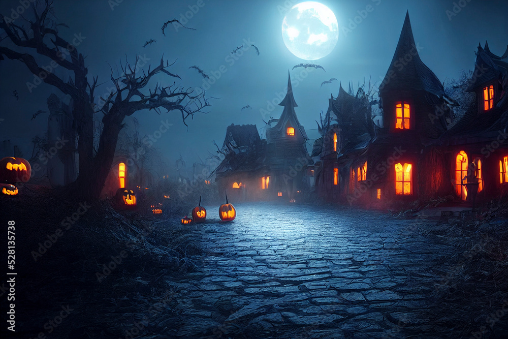 Spooky Halloween homes, Pumpkins and Jack O'lanterns, foggy moon night