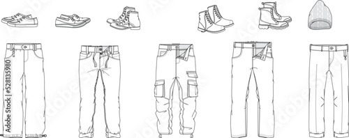 Technical drawings of men's pants and boots, sneakers, shoes, and men's cold caps. photo