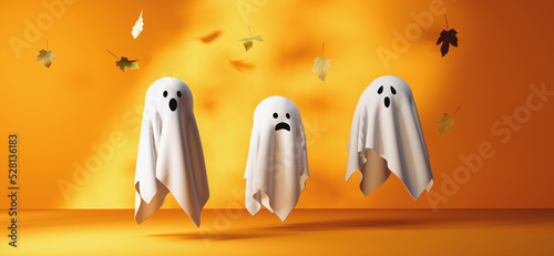 Halloween white spooky ghosts with shadow - 3D render