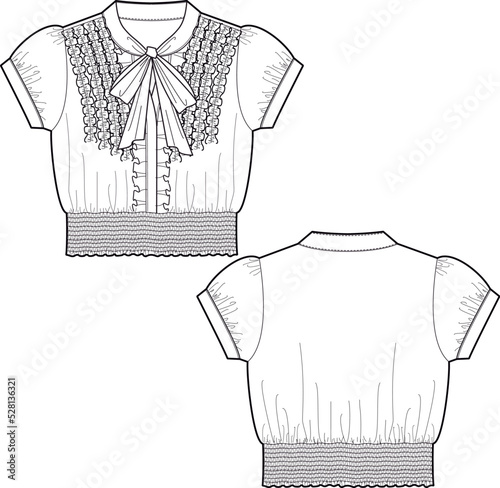 Fashion technical drawing. Women's vintage short-sleeved summer shirt.  Stretch Waist Lace Up Tied Slim Blouse. Elastic waist photo