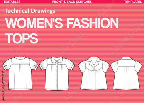 Womens fashion technical drawing Peter Pan Collar Blouses Neck Collar Buttoned Sleeve Buttoned Skirts for a casual and sweet look. Button loop closure at front. Classic shirts. Button Cuffs. Vintage