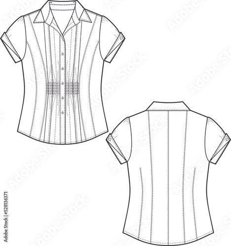 Technical drawing of fashion front and back womens blouse. Womens Tailored Short Sleeve Basic Simple Button Down Shirt Stretchy. Curved hem.