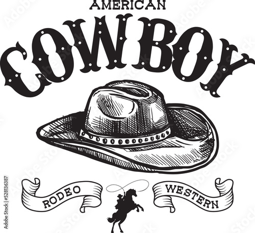 Design print for a shirt: country music typography, rodeo, cowboy, and cowgirl—vintage wild west emblem with cowboy hat and boots vector illustration. 