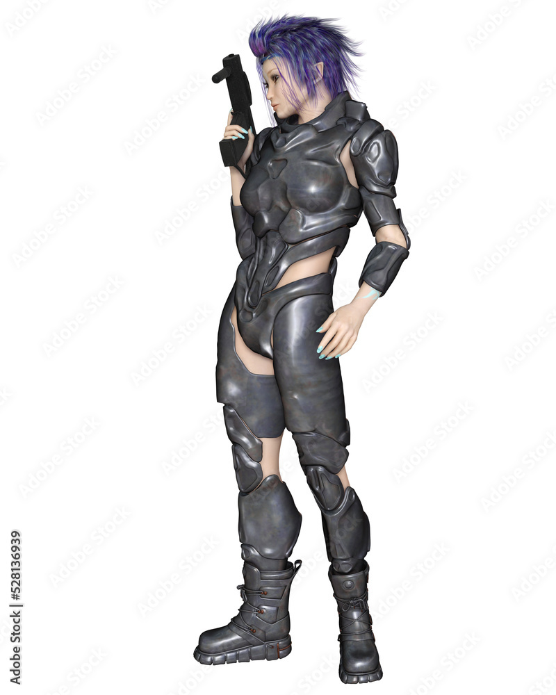 Female Space Elf Warrior, Side View, 3d digitally rendered fantasy or science fiction illustration Female Space Elf Warrior, Side View, 3d digitally rendered fantasy or science fiction illustration