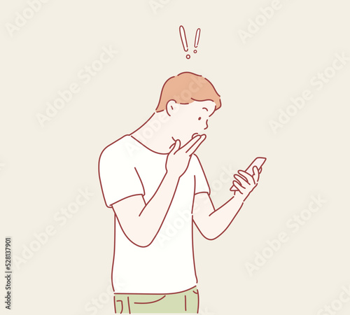 Older teen boy looking shocked at cell phone. Hand drawn style vector design illustrations.