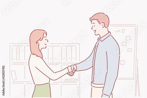 A business man and woman in a suit are shaking hands at the office. Hand drawn style vector design illustrations.