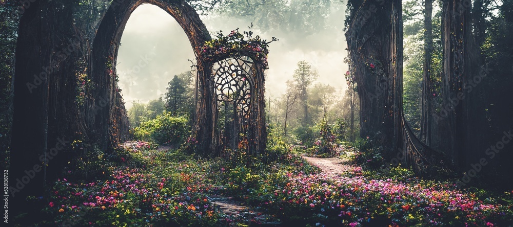 Spectacular archway covered with vine in the middle of fantasy fairy tale forest landscape, misty on spring time. Digital art 3D illustration. - obrazy, fototapety, plakaty 