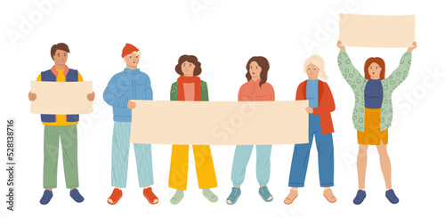 People hold empty banner for your text. Protesting young men, women and welcome posters. Students on rally demonstration with placards. Flat design illustration