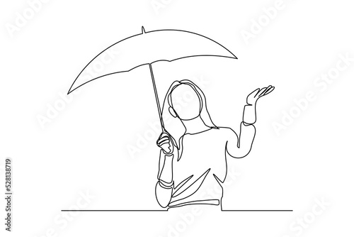 Continuous single one line art drawing of business woman holding open umbrella vector Illustration