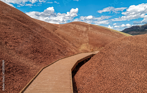The Painted Cove boardwalk trail twists through the claystone hills at Painted Hills in John Day Fossil Beds National Monument, Oregon, USA photo