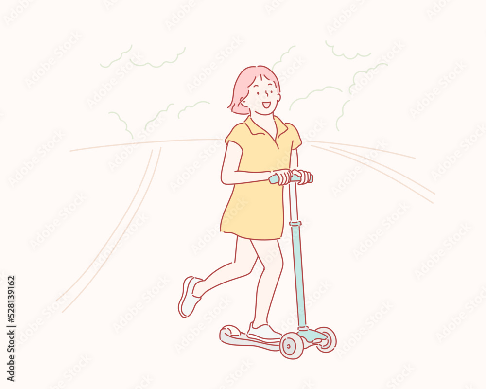 Fototapeta premium Girl playing with the kick board. Hand- drawn style vector design illustrations.