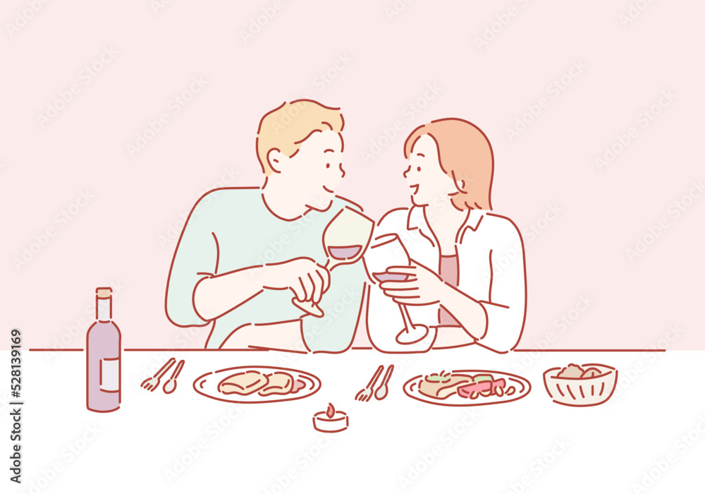 Portrait of a young couple in love on a date, sitting at a restaurant table, drinking wine. Hand drawn style vector design illustrations. Portrait of a young couple in love on a date, sitting at a restaurant table, drinking wine. Hand drawn style vector design illustrations.