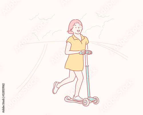 Girl playing with the kick board. Hand- drawn style vector design illustrations.