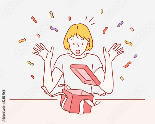 Surprised young woman with open gift box. Hand drawn style vector design illustrations.